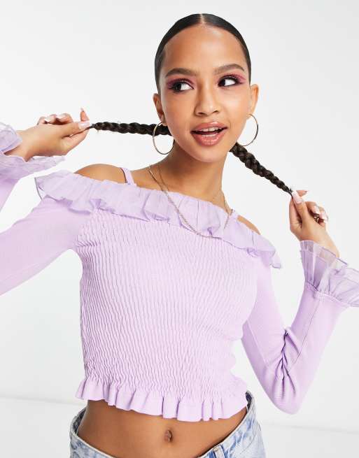 Urban Revivo shirred off the shoulder jumper in purple ASOS