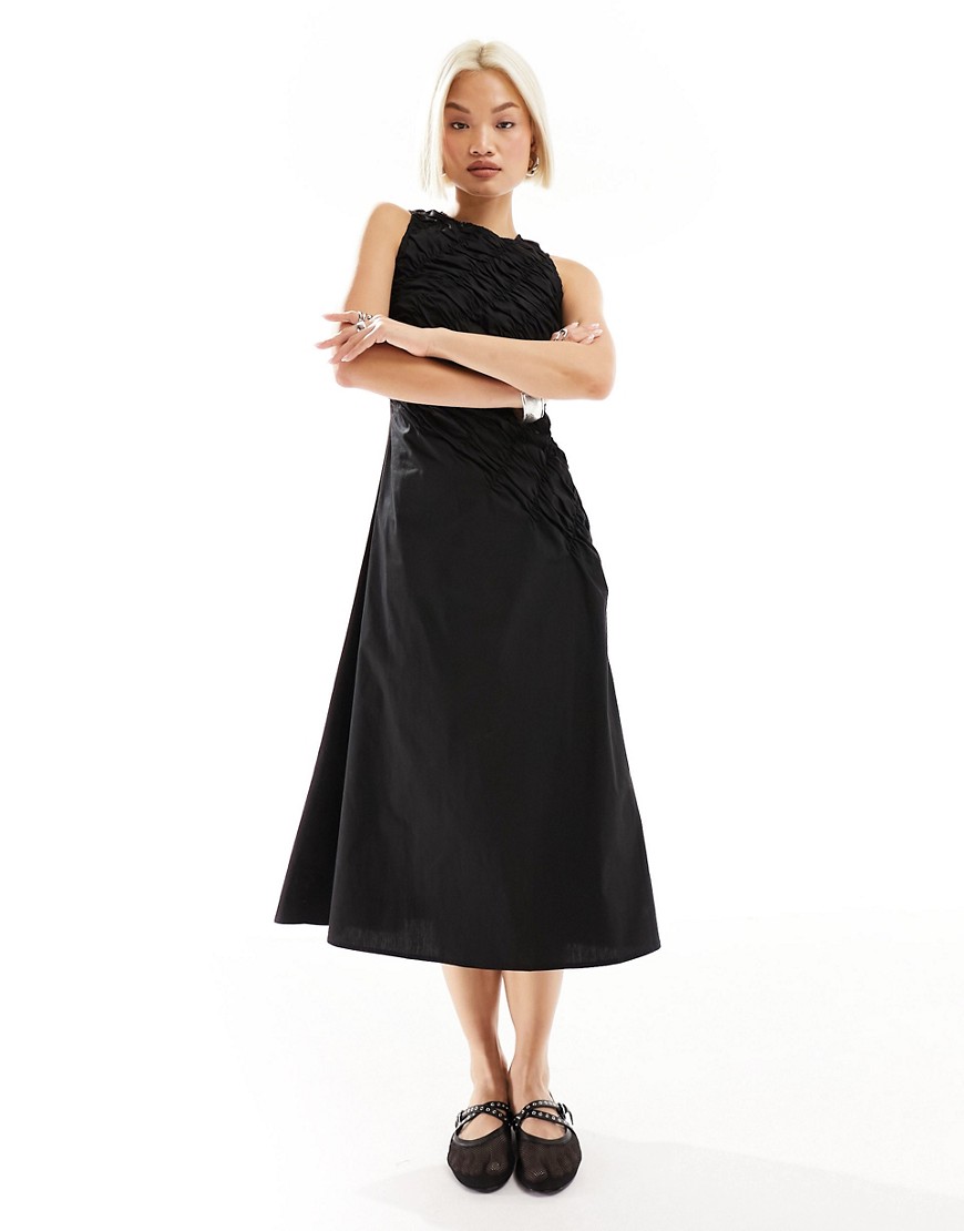 Urban Revivo shirred sleeveless midaxi dress in black