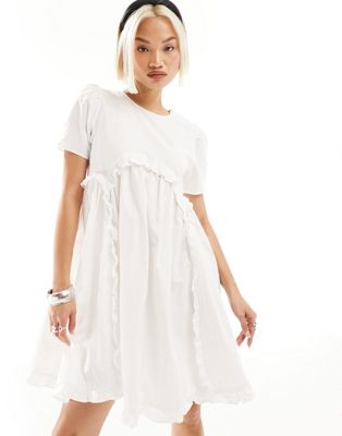 Urban Revivo short sleeve ruffle mini smock dress in white