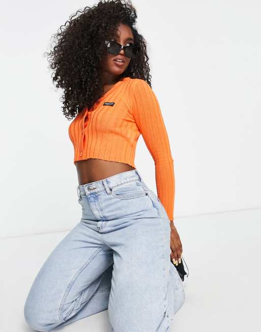 Urban Revivo shrunken cropped cardigan in orange rib knit