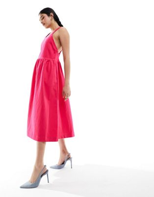 Urban Revivo square neck midi dress in bright pink - ASOS Price Checker