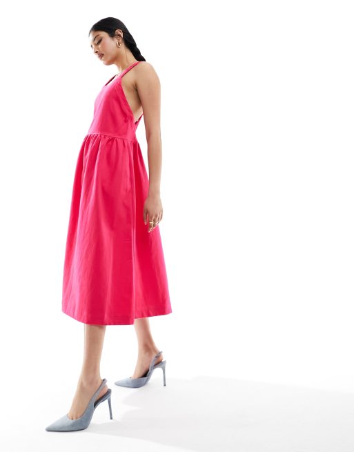 Urban Revivo square neck midi dress in bright pink | ASOS