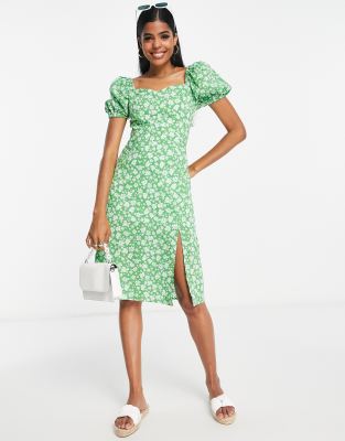 Urban Revivo Square Neck Midi Dress In Green Floral Print | ModeSens