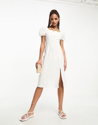 Urban Revivo square neck puff sleeve midi dress in white