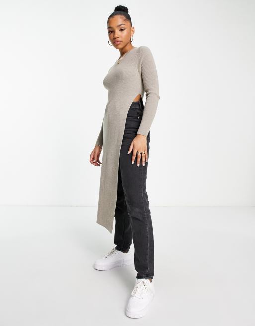 Urban Revivo - Strikket longline-top i gråbrun