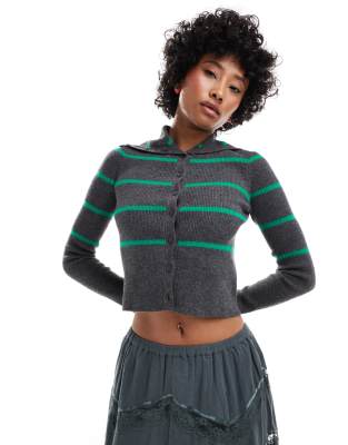 Urban Revivo striped collar detail cardigan in charcoal grey