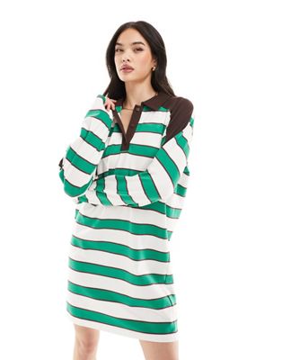 Urban Revivo striped collegiate mini polo shirt dress in green