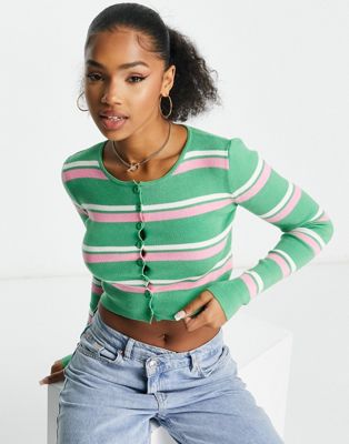 Urban Revivo striped cropped cardigan in green and pink