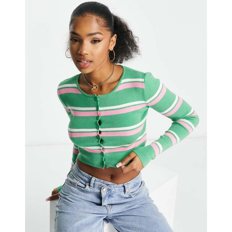 Urban Revivo striped cropped cardigan in green and pink | ASOS