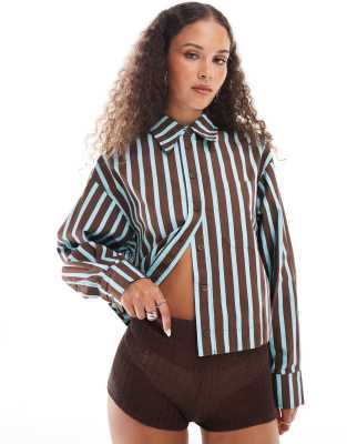 Shop Urban Revivo striped cropped shirt in blue and brown Online – Trendy & Affordable Fashion