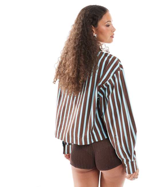 Urban Revivo striped cropped shirt in blue and brown ASOS