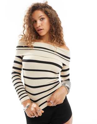 striped off shoulder long sleeve sweater in cream-Black