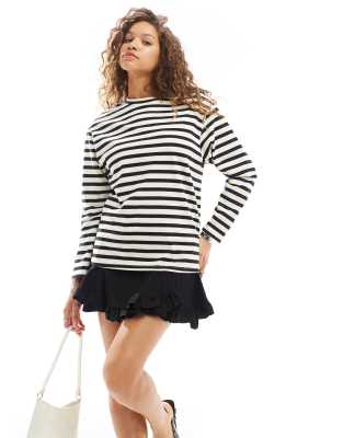 Urban Revivo Striped Oversize Long Sleeve T-shirt In Multi-black