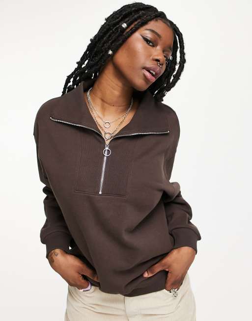 Urban Revivo – Sweatshirt in Braun mit Reißverschluss vorne