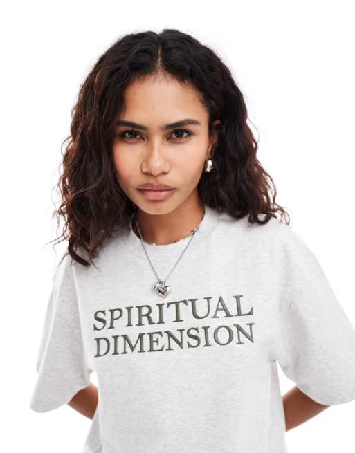 Urban Revivo – Szary melanżowy T-shirt oversize z napisem Spiritual Dimension