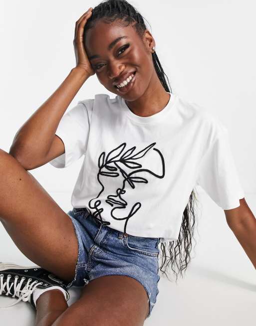 Urban Revivo - T-shirt à imprimé trait continu - Blanc
