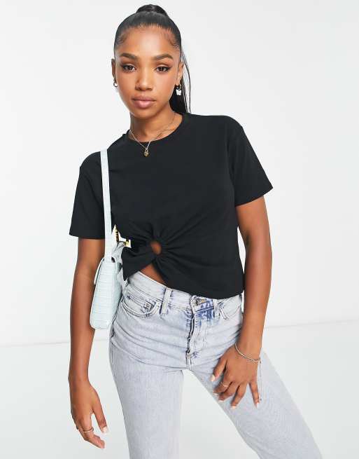 Urban Revivo t-shirt with tie front in black | ASOS