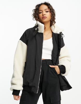 Urban Revivo Teddy Short Biker Jacket In Black And White