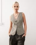 [Urban Revivo] Urban Revivo textured waistcoat top in natural-Green 12 KHAKI