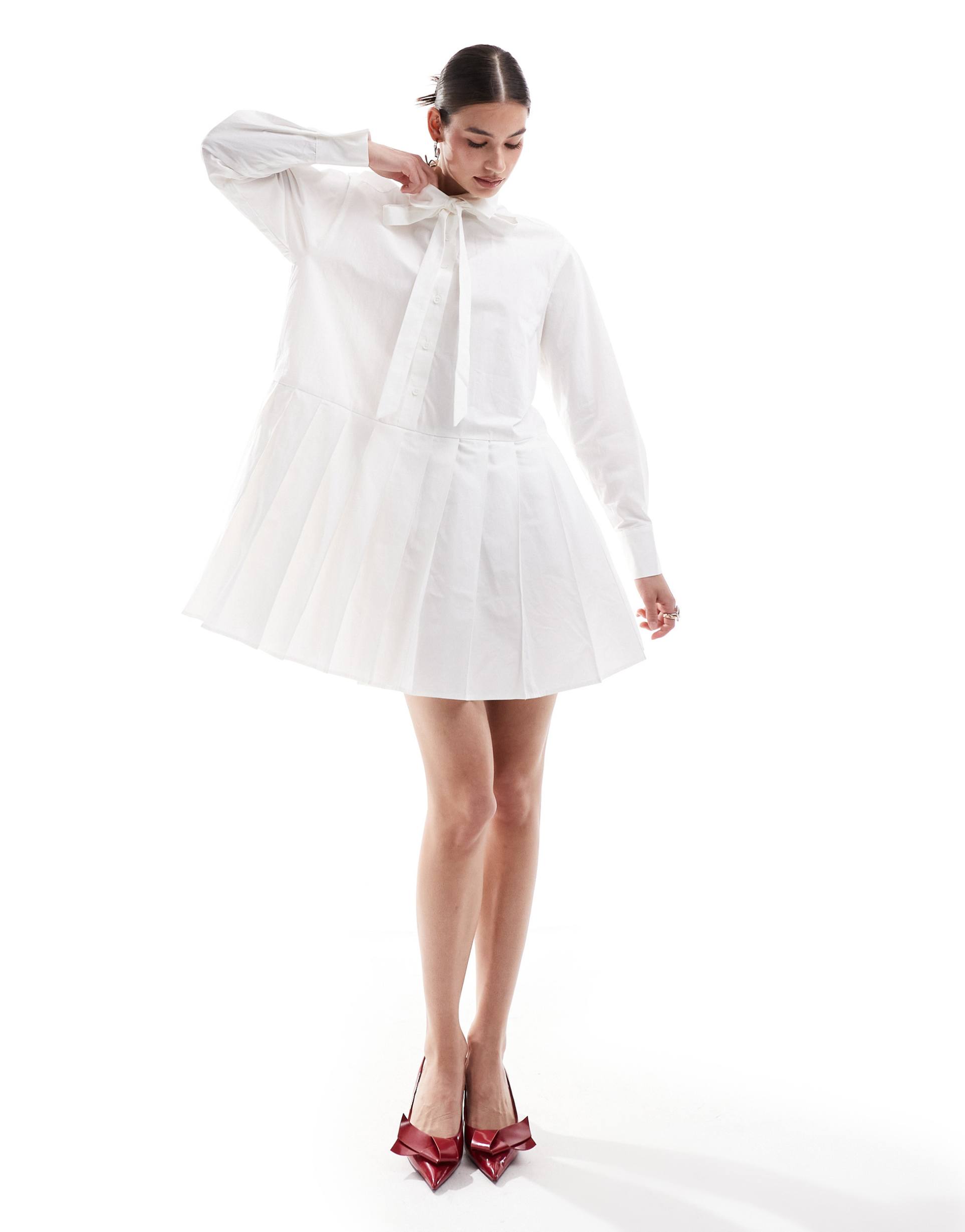 urban revivo tie detail pleated shirt dress in white