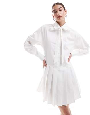 Urban Revivo tie detail pleated shirt dress in white | ASOS