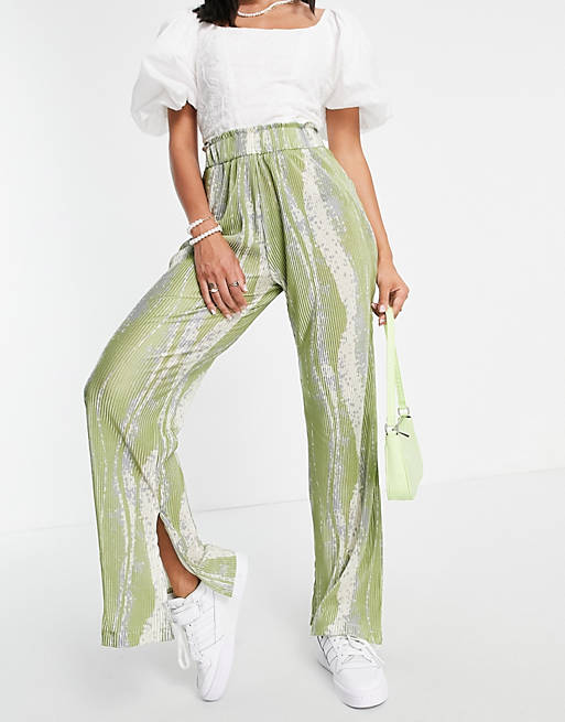 Urban Revivo tie dye plisse flared trousers in green