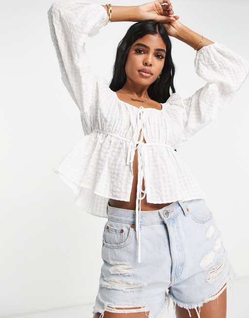 Urban Revivo tie front blouse in white | ASOS