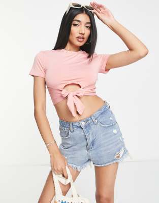Urban Revivo Urban Revivo tie front cropped t-shirt in pink