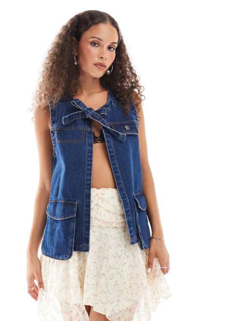 Urban Revivo tie neck pocket detail denim vest in indigo blue