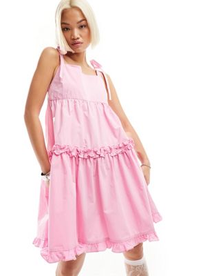 Urban Revivo Tie Shoulder Cami Ruffle Mini Dress In Pink