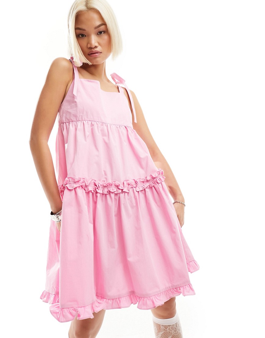 Urban Revivo tie shoulder cami ruffle mini dress in pink