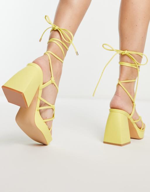 Urban Revivo tie up black heeled sandals in lemon yellow | ASOS