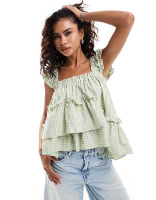 Urban Revivo Tiered Gingham Camisole In Green Asos