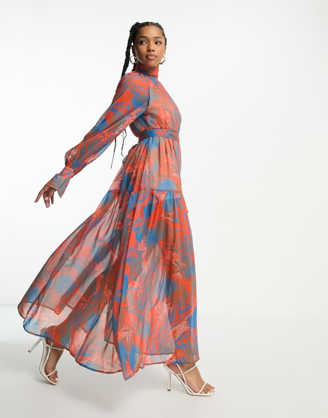 Urban Revivo tiered high neck maxi dress in red and blue print