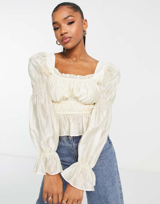 Urban Revivo - Top tendance folk en satin froncé - Beige