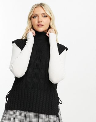 Urban Revivo turtle neck cable knit sleeveless jumper in black