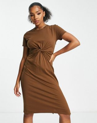Urban Revivo twist front midi dress in brown