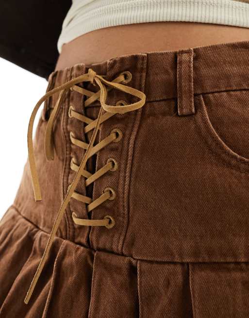 Urban Revivo ultra mini pleated skirt with lace up detail in brown
