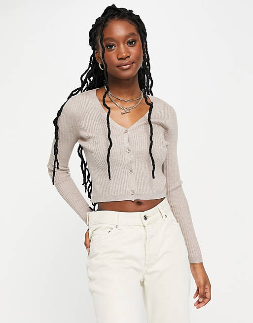 Women Urban Revivo v neck cropped ribbed cardigan in taupe 