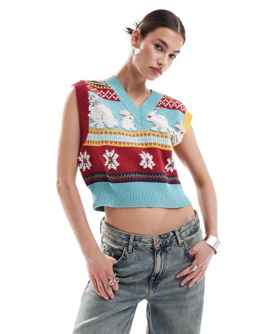 Urban Revivo v-neck rabbit intarsia knitted singlet top in multi