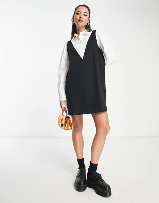 Urban Revivo - Vestito camicia corto con canotta in maglia nero e bianco
