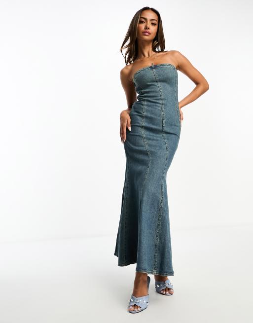Urban Revivo - Vestito in denim a fascia blu medio con cuciture a vista e gonna al polpaccio