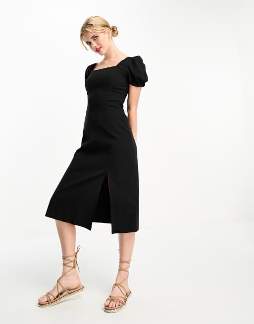 Urban Revivo - Vestito midi con scollo squadrato nero con maniche a sbuffo
