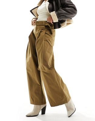 Urban Revivo wide leg belt detail cargo trousers in khaki brown
