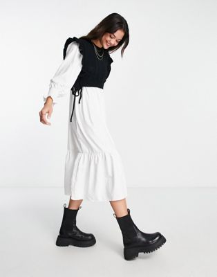 Urban Revivo woven midi dress with cropped knitted vest in black and white
