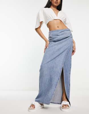 Urban Revivo Wrap Denim Maxi Skirt In Blue