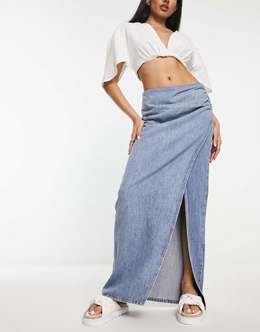 Urban Revivo wrap denim maxi skirt in blue | ASOS