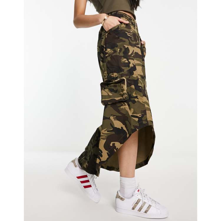 Urban Revivo zip front cargo midi skirt in camo