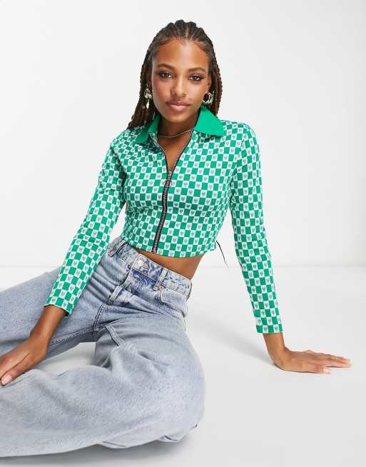 Urban Revivo zip through cardigan in green check and heart print
