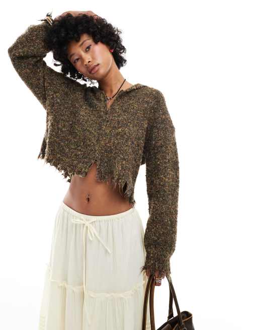 Urban Revivo zip through textured cardigan in khaki brown